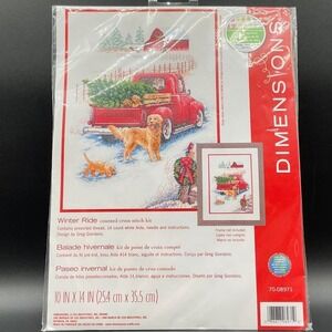 Dimensions Winter Ride Truck & Dogs Cross Stitch Kit Holiday Scene 14ct‎ Aida